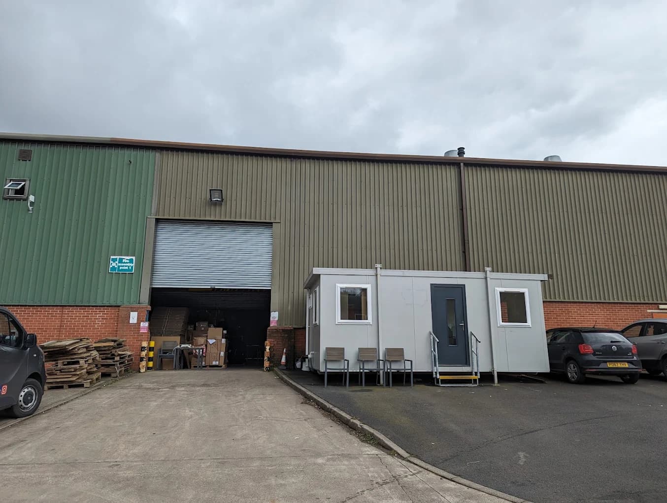 MultiGoal warehouse exterior at Unit 1-3, Arley Industrial Estate, Coventry. Roller-shutter goods-in next to the trade counter office.